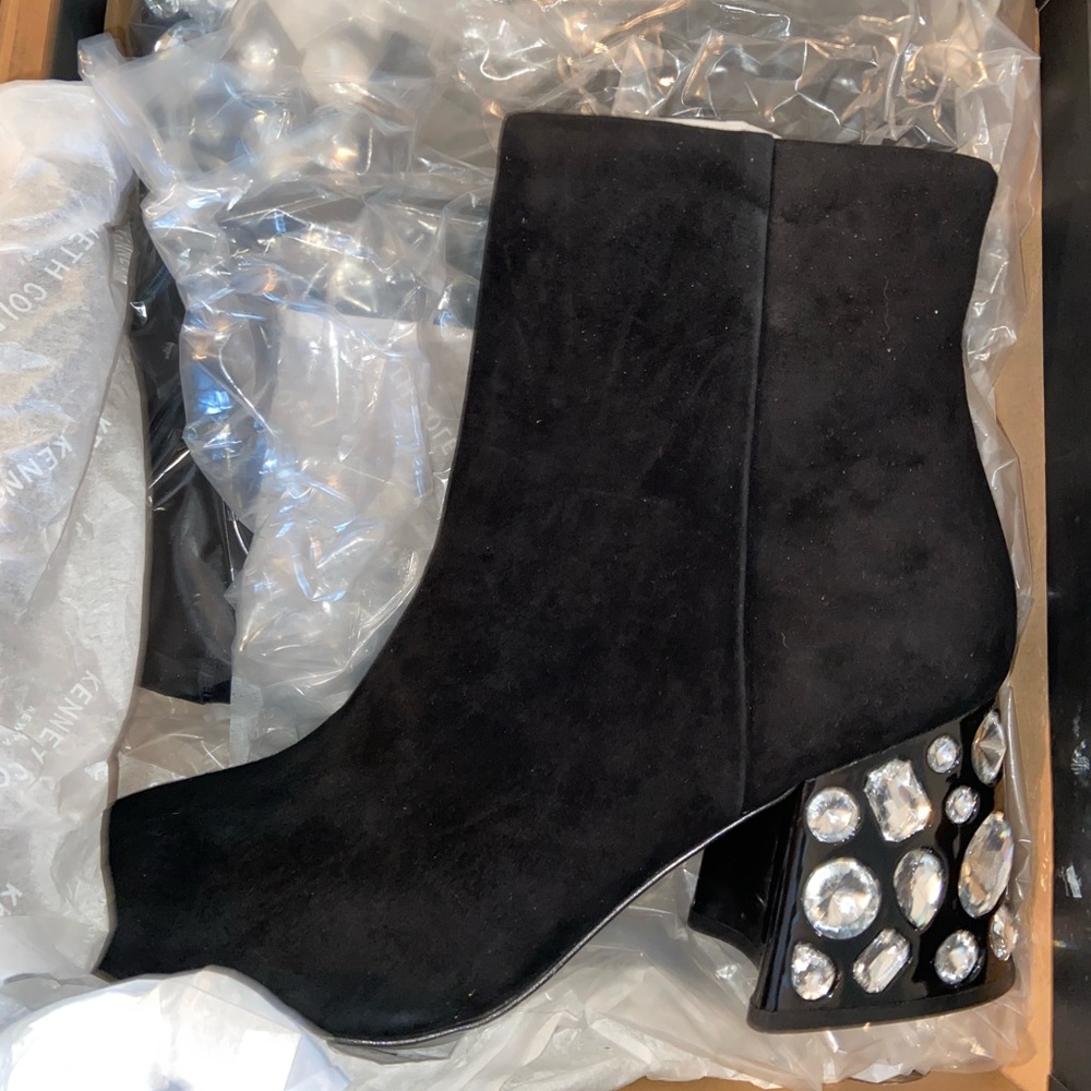 Kenneth Cole Black Suede Boots with Crystal Embellished Heel NIB